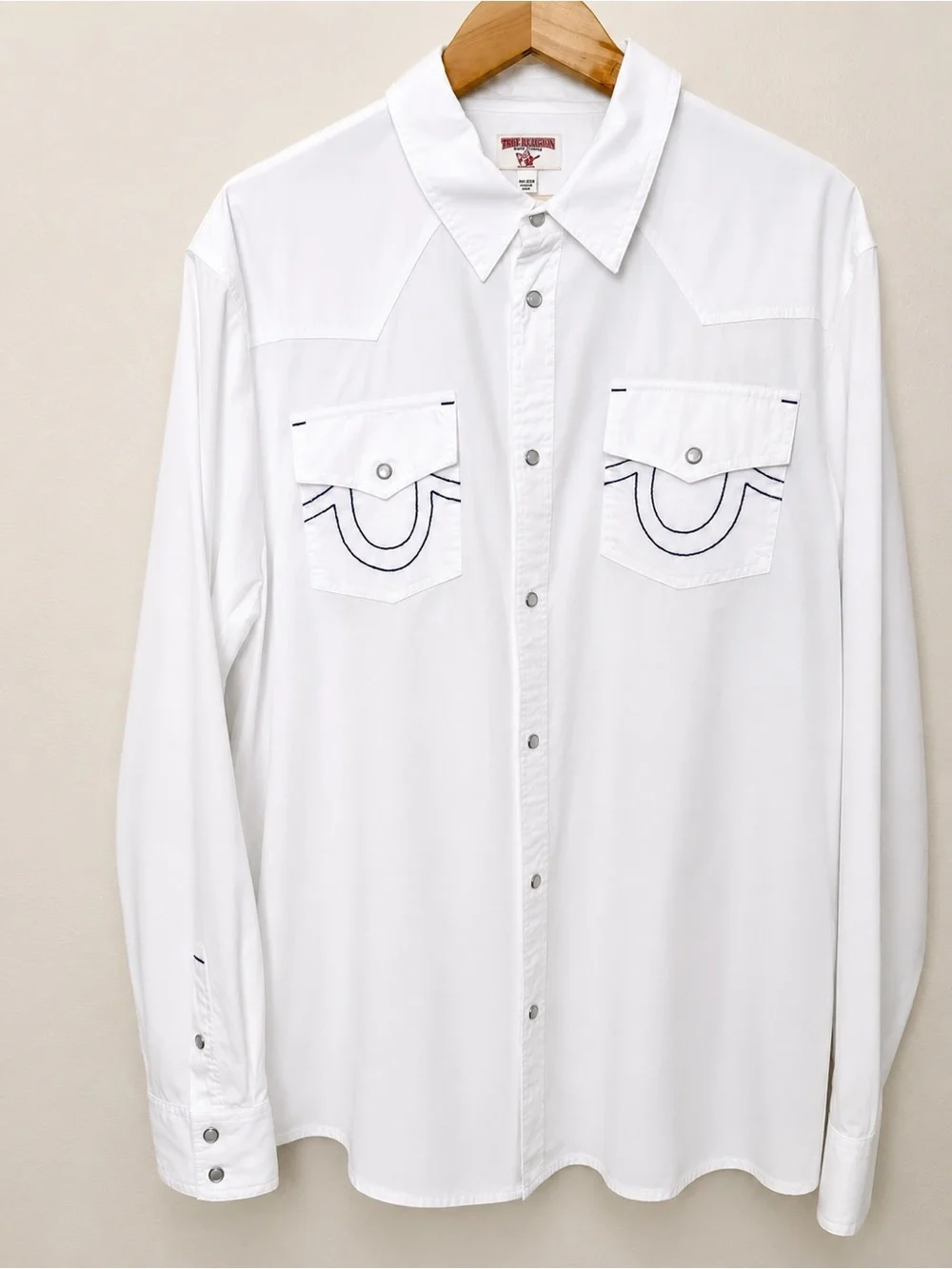 True Religion Big T Western Pearl Snap Shirt White Contrast Stitch 3XL